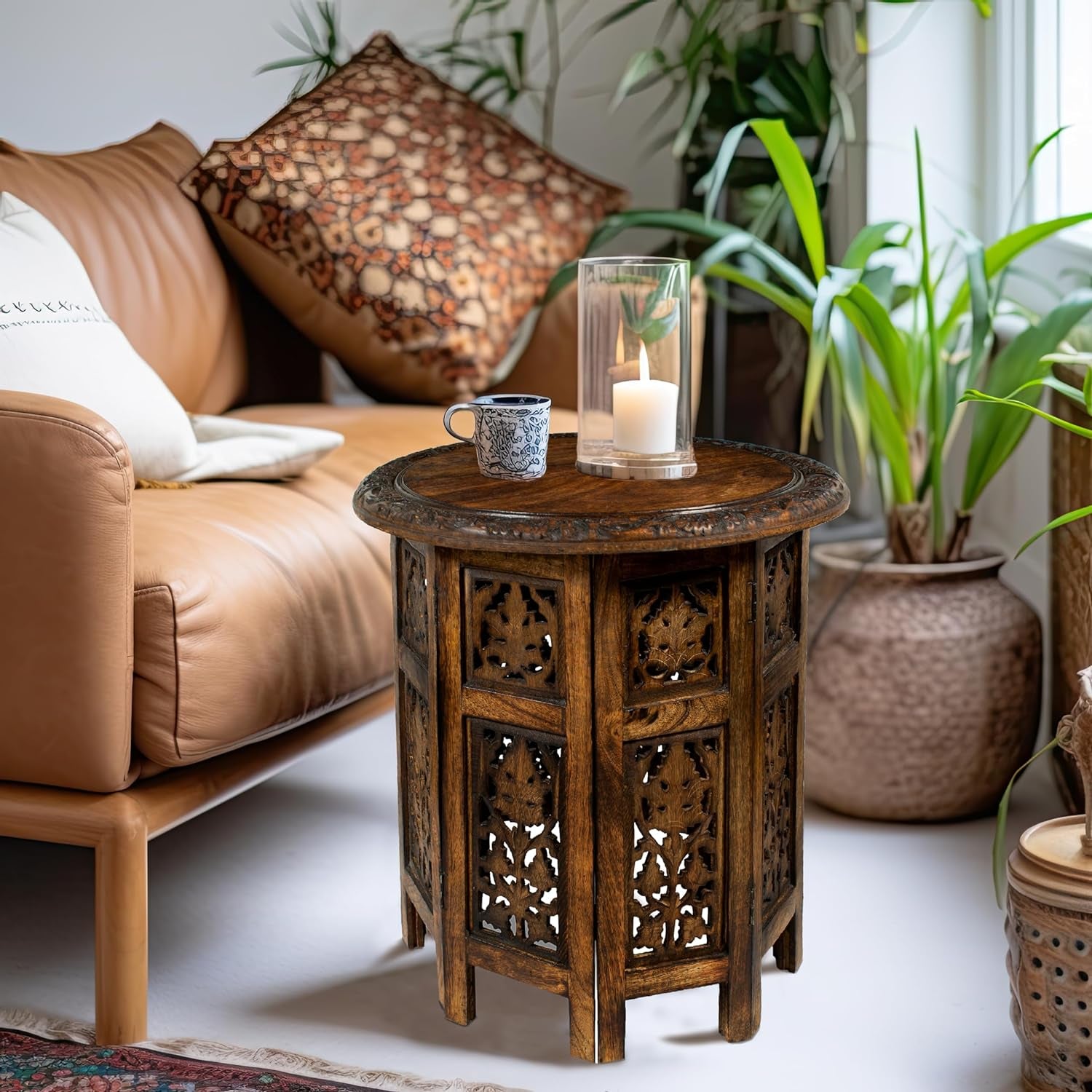 Solid Wood Accent End Table - Hand Carved Vintage Boho Folding Side Table - Small Spaces Entryway Farmhouse Living Room Bedside - No Tools Assembly -18X18 round - Jaipur Antique Brown