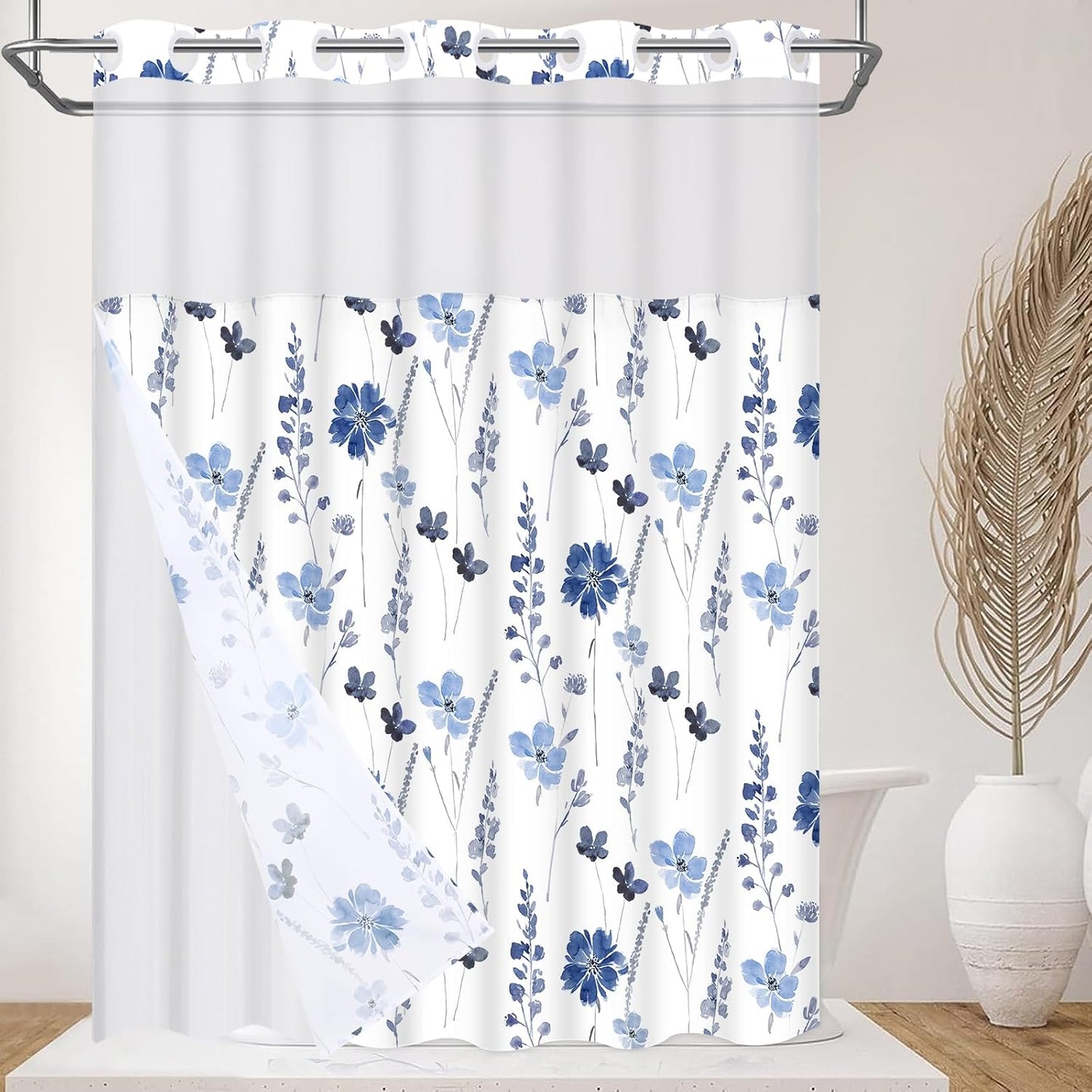 No Hook Shower Curtain with Snap in Liner, Blue Watercolor Floral Shower Curtain with Liner, Hotel Style Shower Curtain with See through Top Window, Double Layer, Waterproof, 71" X 74"