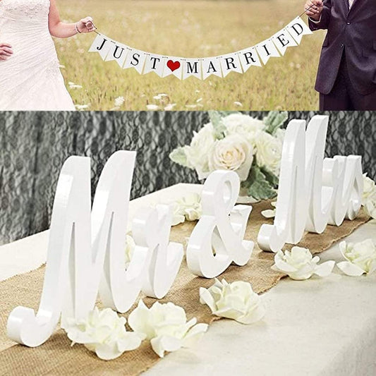 Large White Mr & Mrs Sign for Wedding Table with Just Married Banner - Wooden Letter Decorations for Anniversary