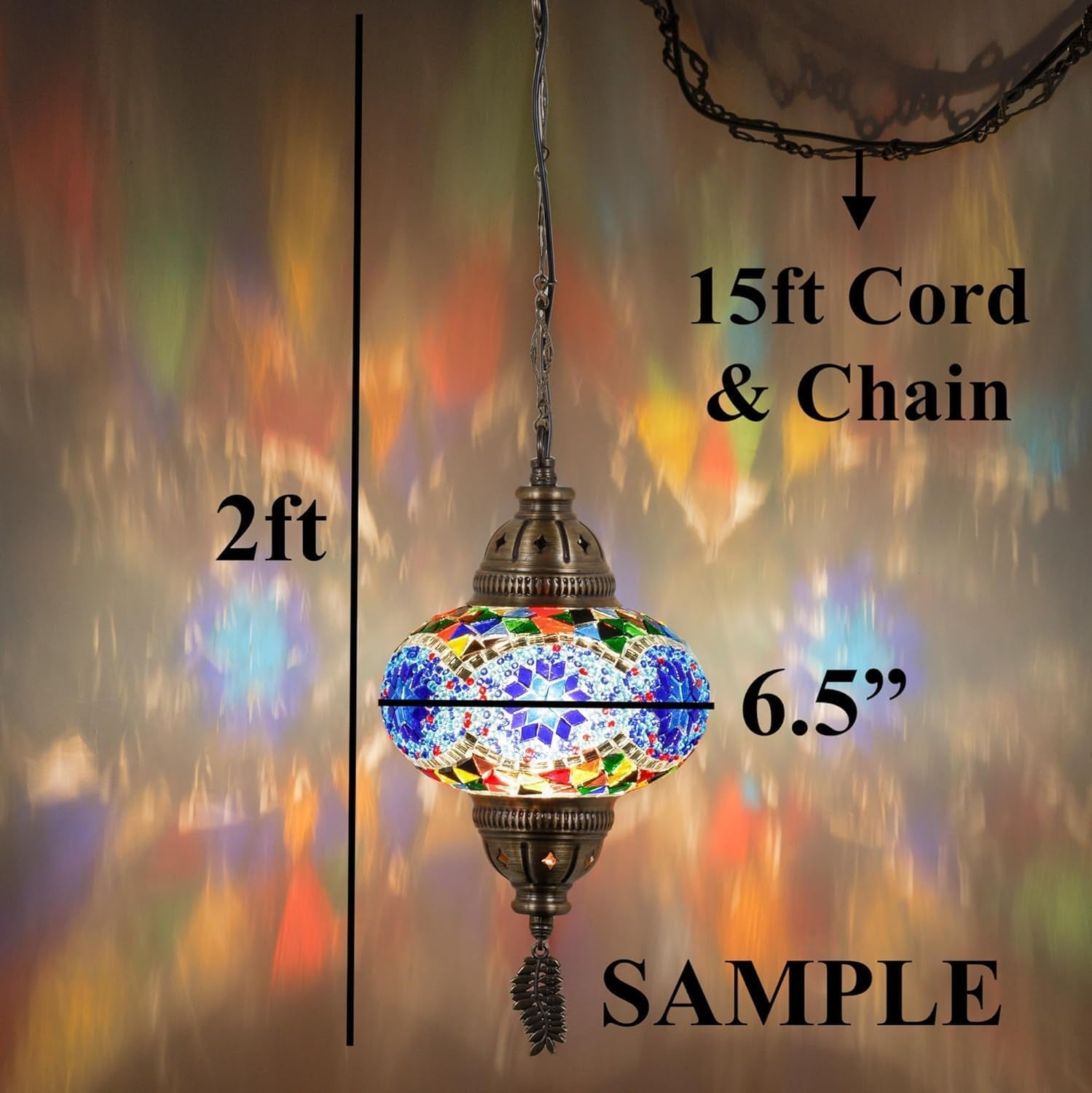 Authentic Turkish Plug in Pendant Light, 6.5" Big Size Globe, Made in Turkey, Turkish Moroccan Mosaic Ceiling Hanging Pendant Light Fixture Lamp, Swag Plug-In with 15Ft Cord and Chain