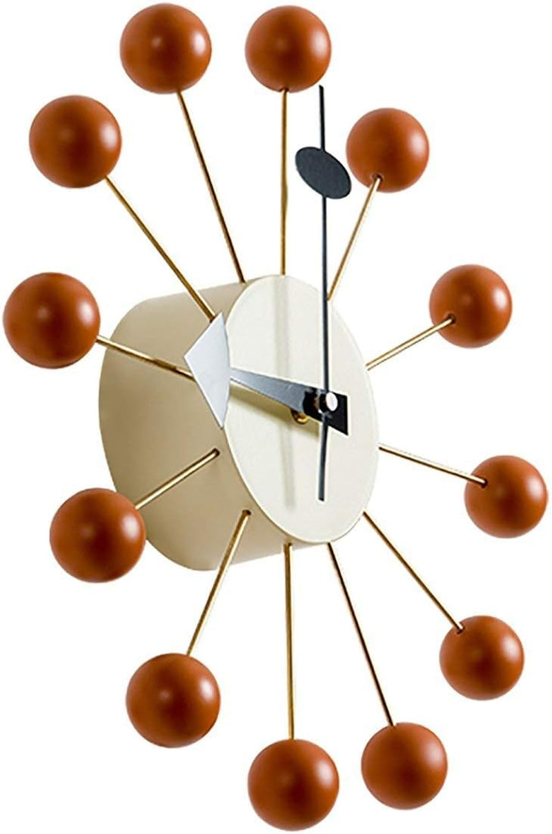 Mid Century Ball Clock, Painted Solid Wood Non Ticking Decorative Modern Silent Wall Clock for Home, Kitchen,Living Room,Office Etc. - Retro Design (Ball Clock in Orange)