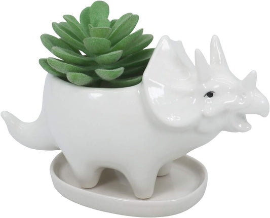 Cute Dinosaur Succulent Planter Pot with Drainage Tray, White Ceramic Cactus/Flower Container, Animal Bonsai Holder for Air Plants