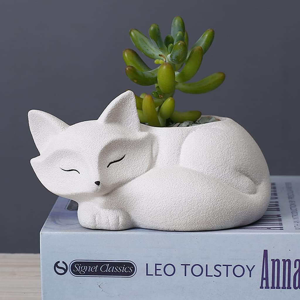 Cute Fox Succulent Planter Pot with Drainage Tray, White Ceramic Cactus/Flower Container, Animal Bonsai Holder for Air Plants