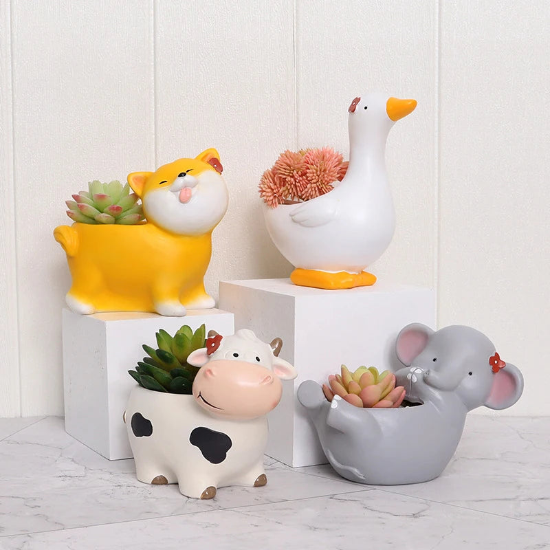 Cartoon Animal Planter for Succulents Cactus Plants, Cute Duck Bunny Corgi Flower Pot, Fairy Garden Decoration Tabletop Decor