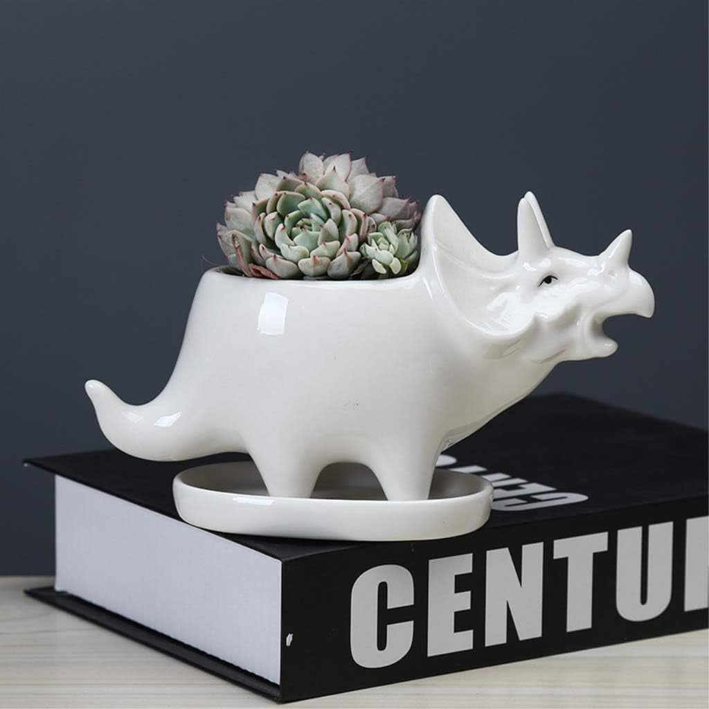 Cute Dinosaur Succulent Planter Pot with Drainage Tray, White Ceramic Cactus/Flower Container, Animal Bonsai Holder for Air Plants