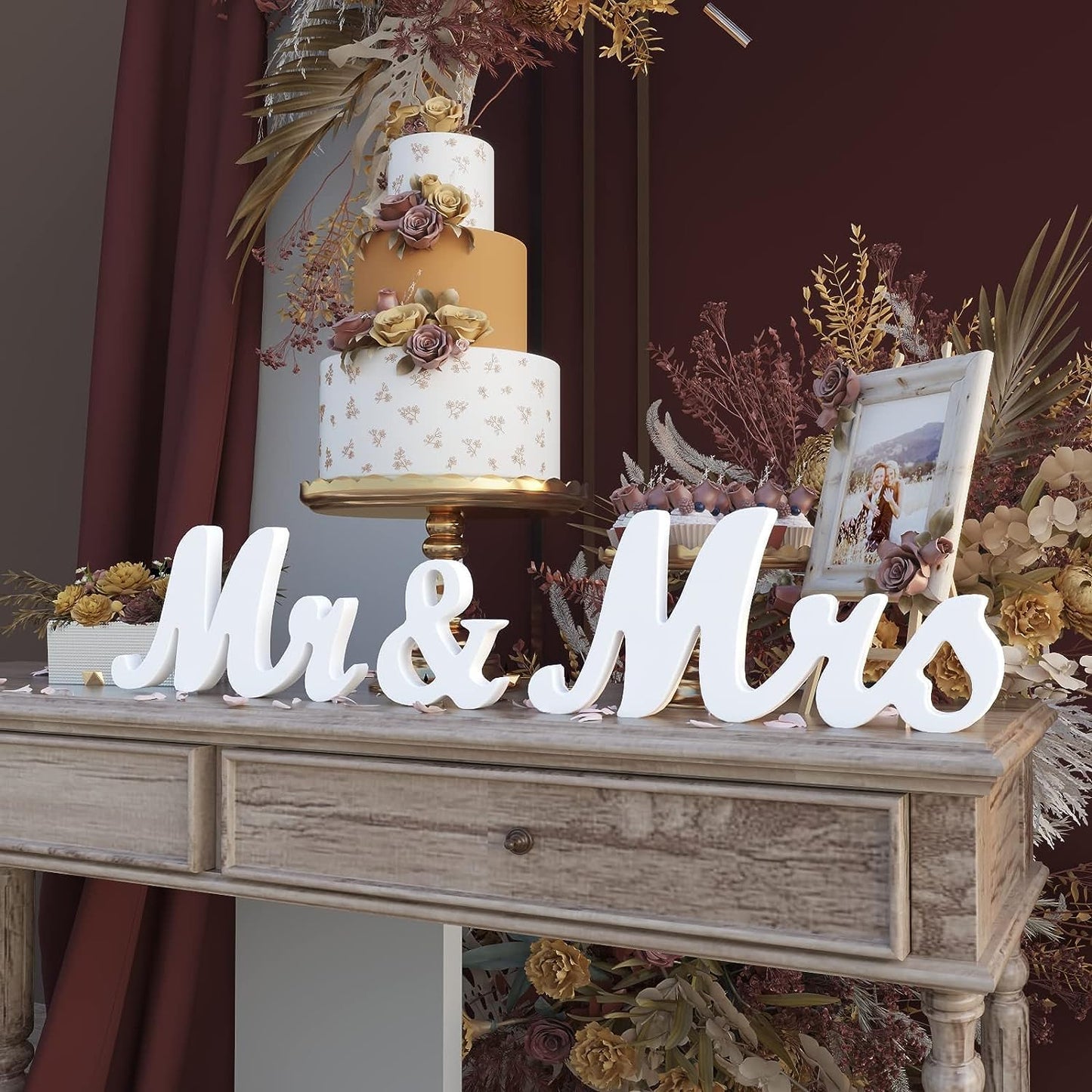 Large White Mr & Mrs Sign for Wedding Table with Just Married Banner - Wooden Letter Decorations for Anniversary