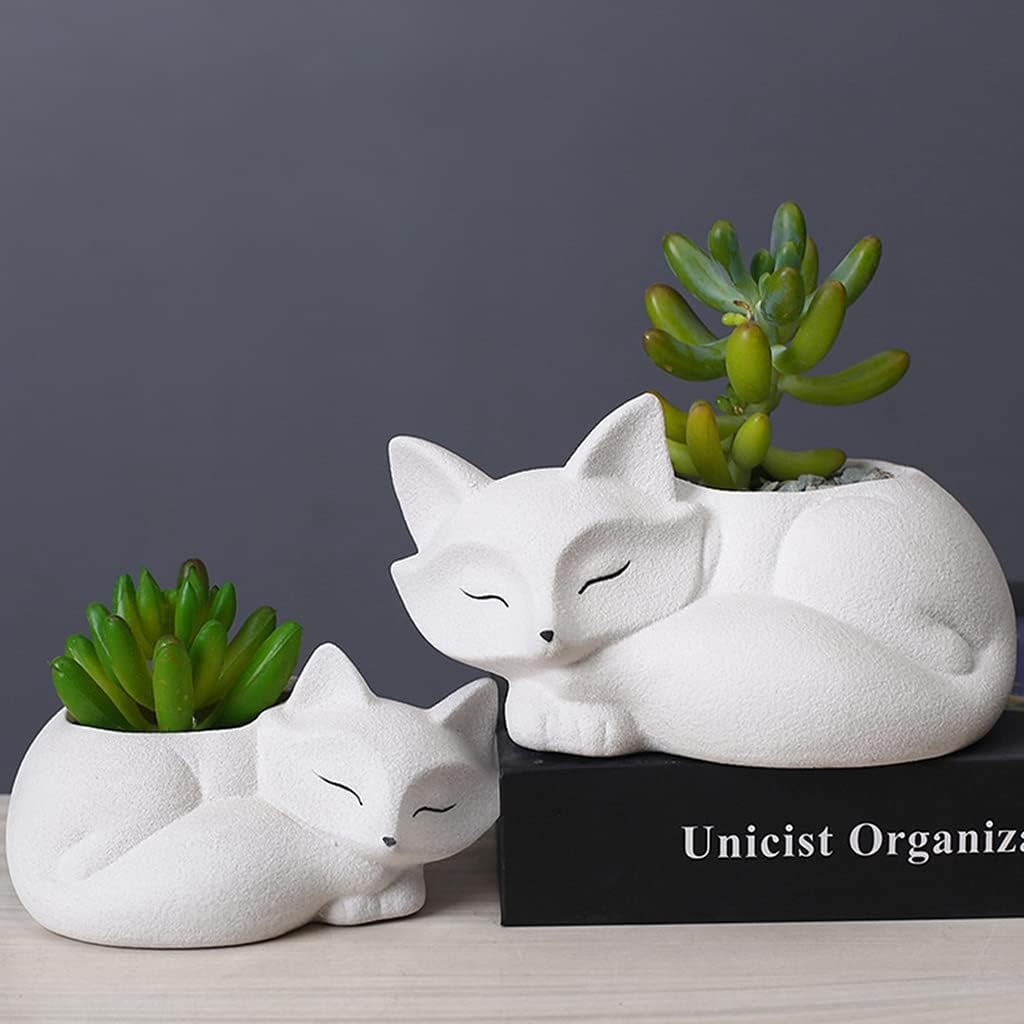 Cute Fox Succulent Planter Pot with Drainage Tray, White Ceramic Cactus/Flower Container, Animal Bonsai Holder for Air Plants