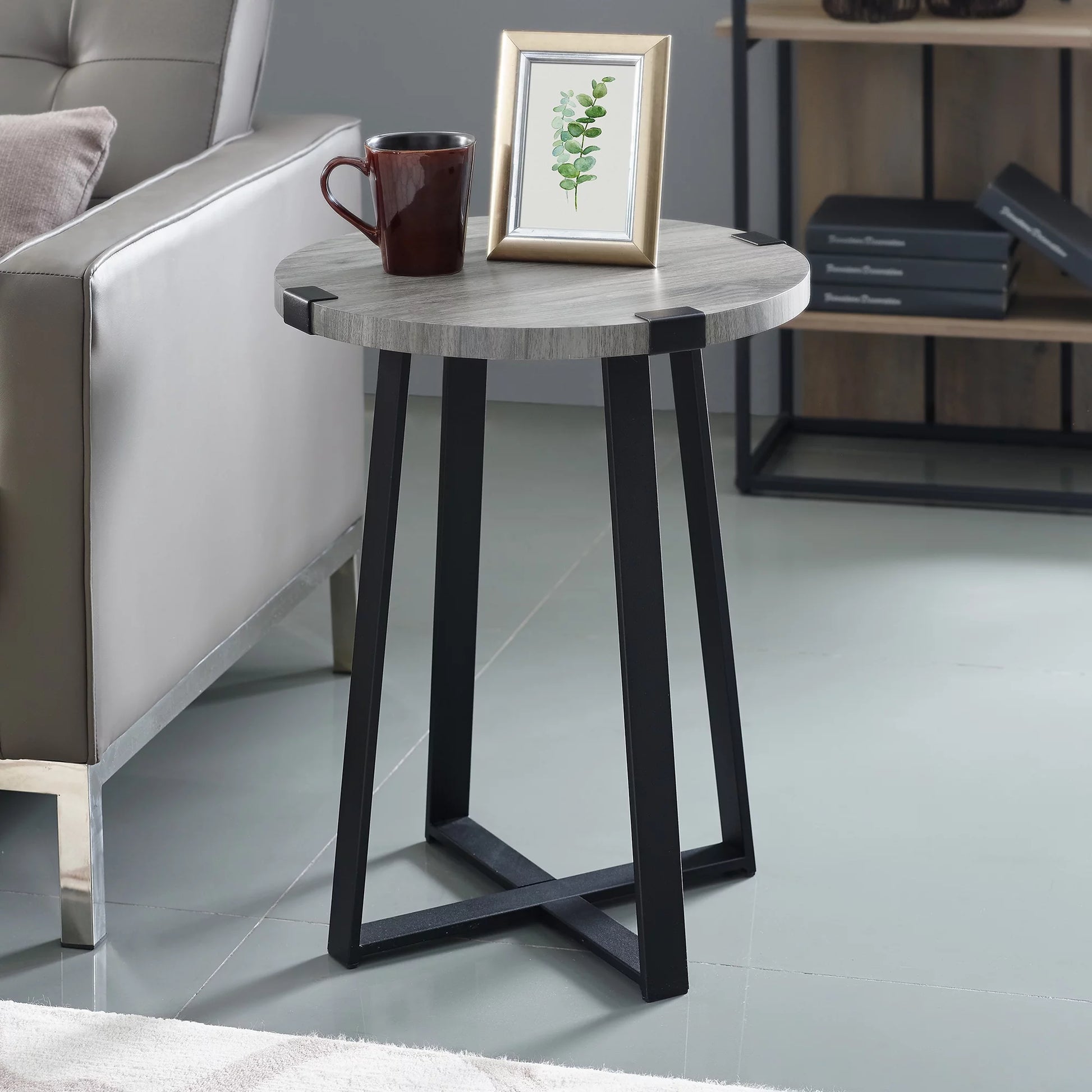 Rustic Wood and Metal round End Table, Slate Grey