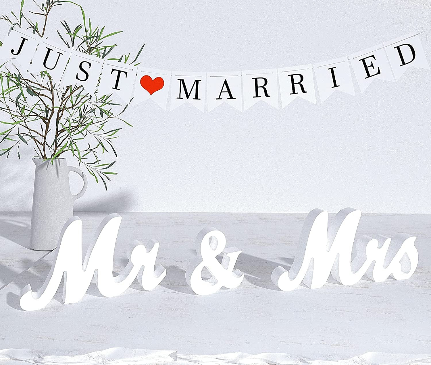 Large White Mr & Mrs Sign for Wedding Table with Just Married Banner - Wooden Letter Decorations for Anniversary