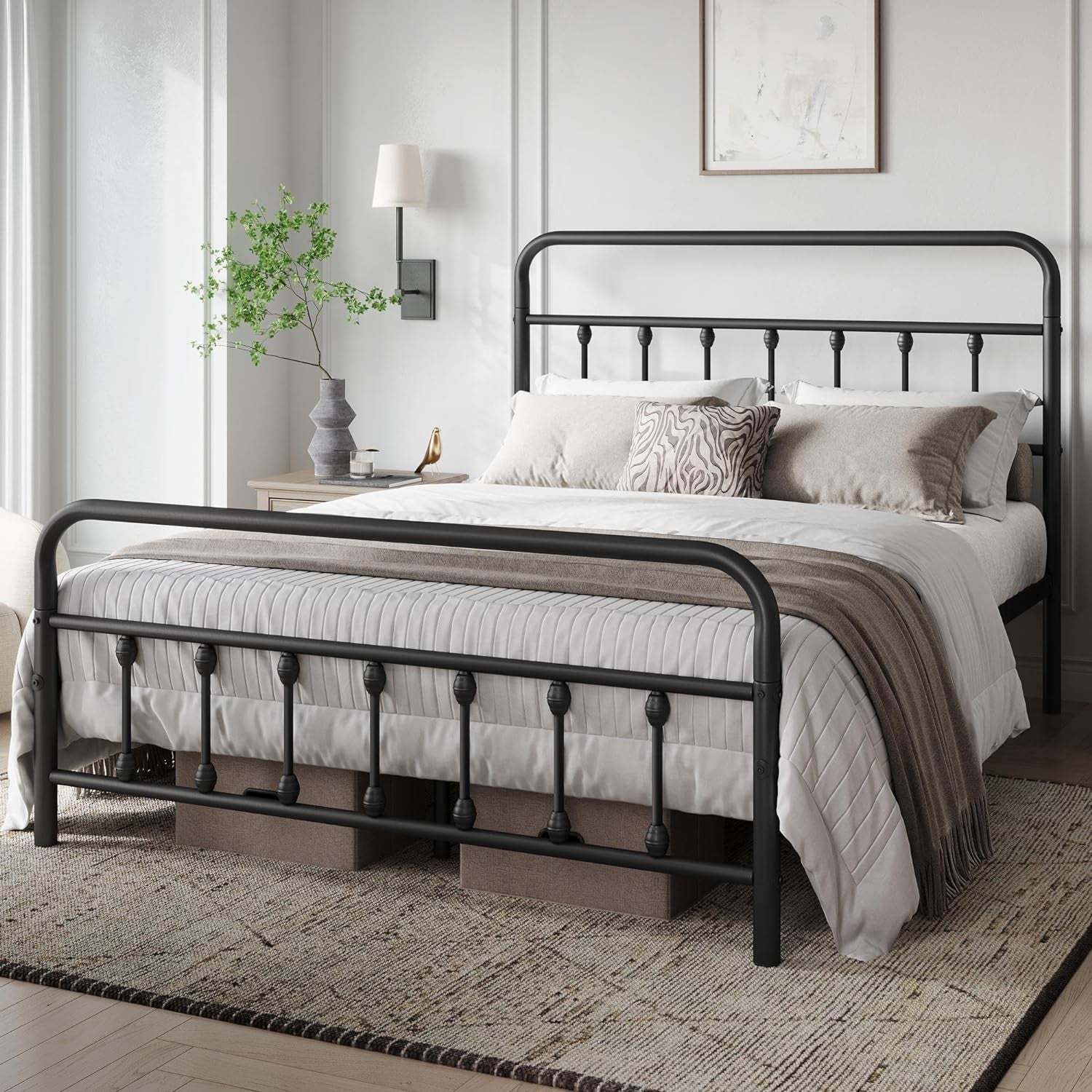 Classic Metal Platform Bed Frame Mattress Foundation with Victorian Style Iron-Art Headboard/Footboard/Under Bed Storage/No Box Spring Needed/Queen Size Black