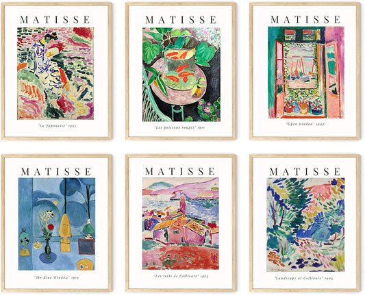 Matisse Prints with Frame - Set of 6 Matisse Poster, Contemporary Wall Art, Matisse Wall Art, Boho Wall Art, Vintage Posters for Room Aesthetic, Summer Matisse (Beige Frame, 11X14)