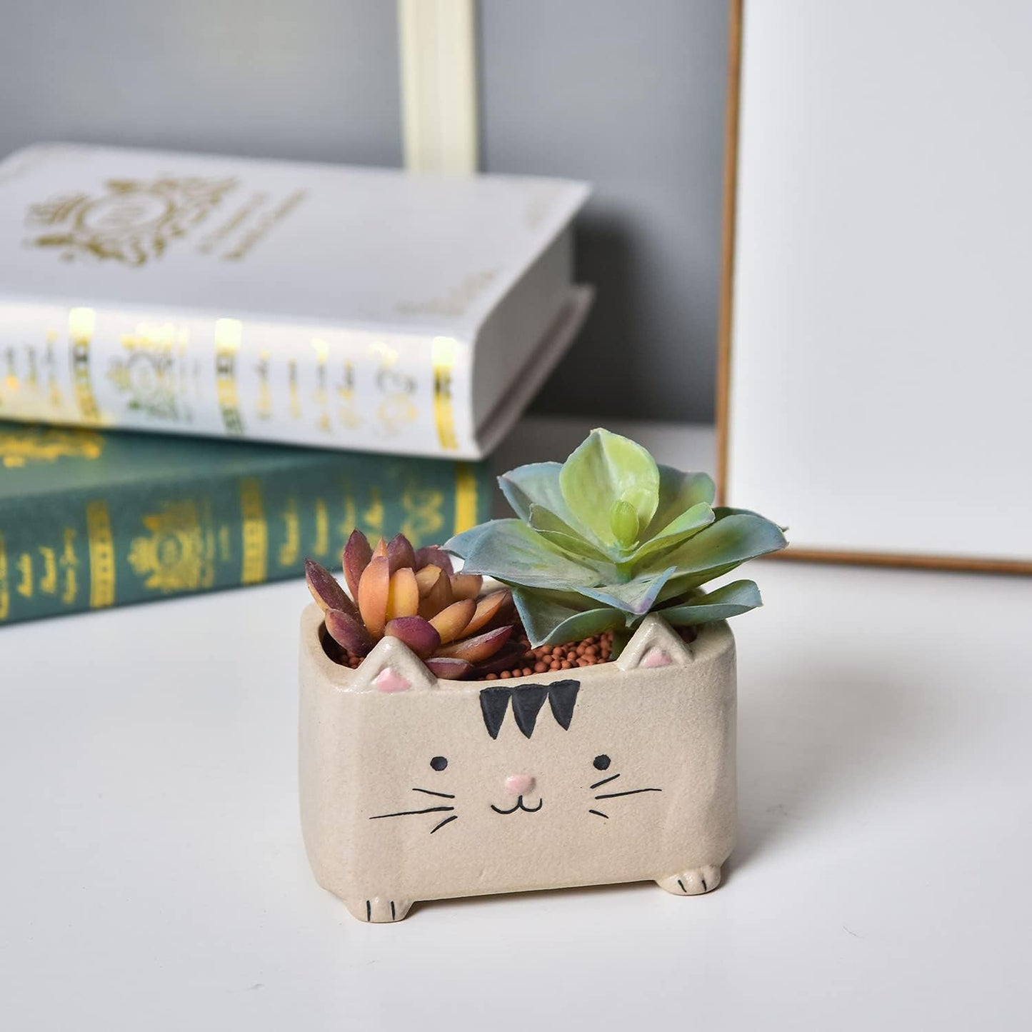 Hand-Painted Kitty Ceramic Succulent Pots Planters Garden Potted Cat Modeling Planters for Windowsill Living Room Bedroom Indoor Outdoor (3.5 INCH, Brick)