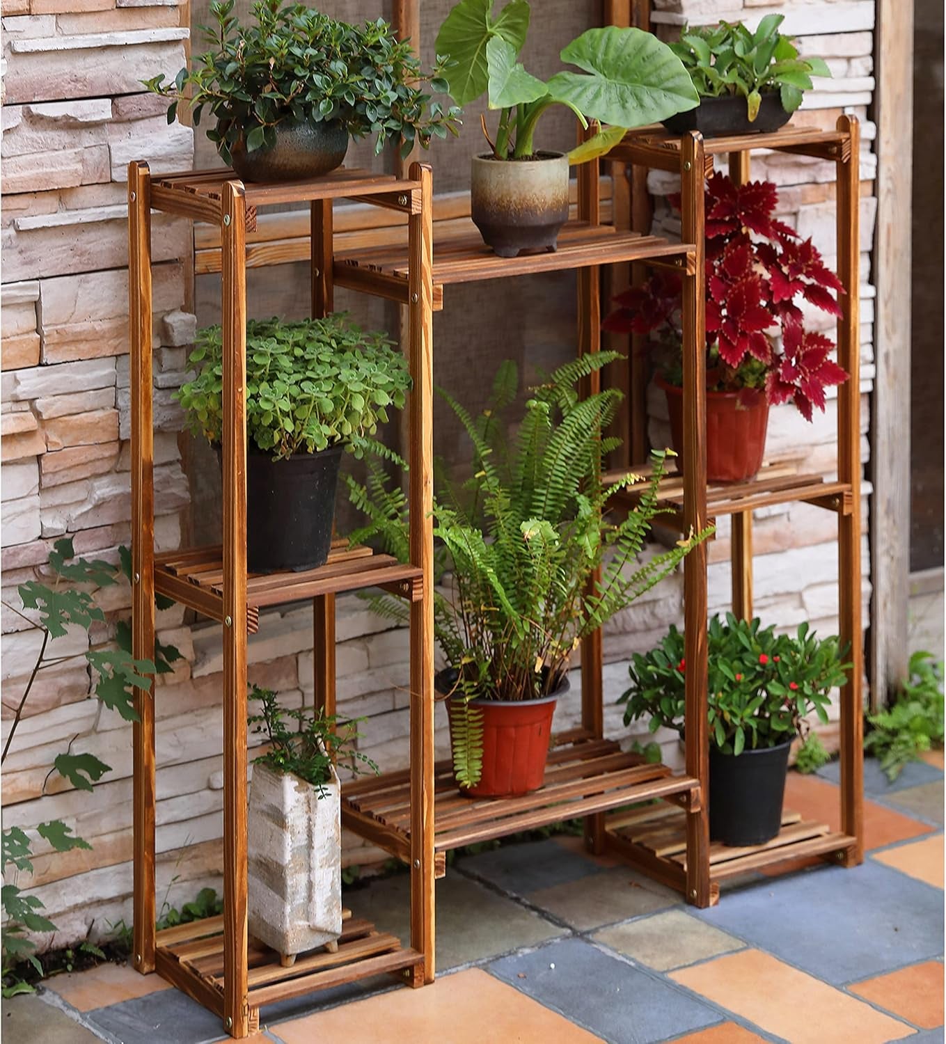 Plant Stand Wood Plant Rack Storage Display Shelf for Patio Garden Balcony Yard