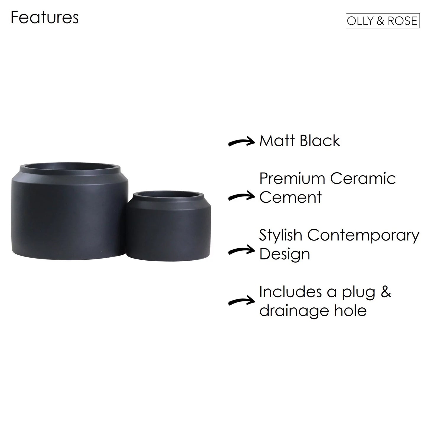 Porto Plant Pots - Matt Black Ceramic Jar Design Plant Pots Indoor & Outdoor Set 2 Planters