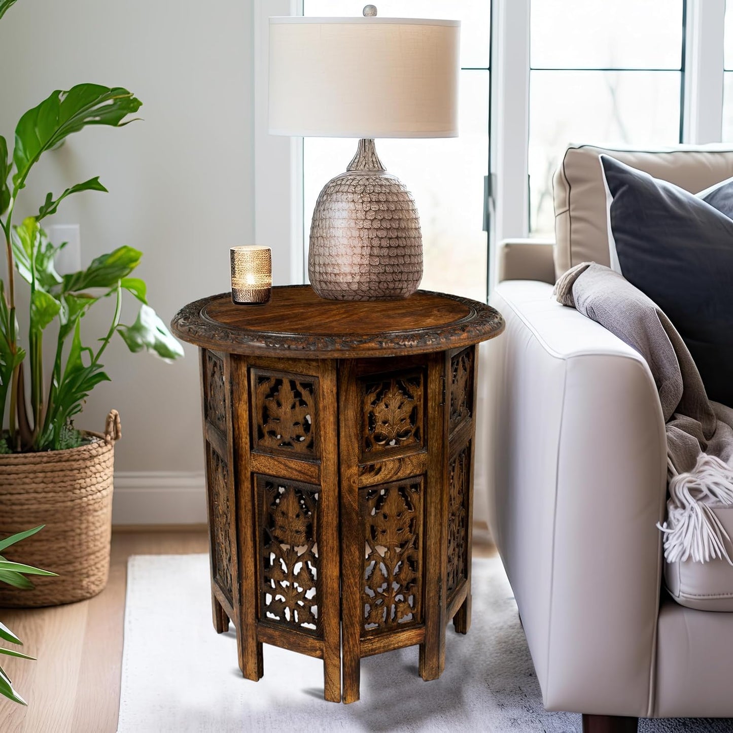 Solid Wood Accent End Table - Hand Carved Vintage Boho Folding Side Table - Small Spaces Entryway Farmhouse Living Room Bedside - No Tools Assembly -18X18 round - Jaipur Antique Brown